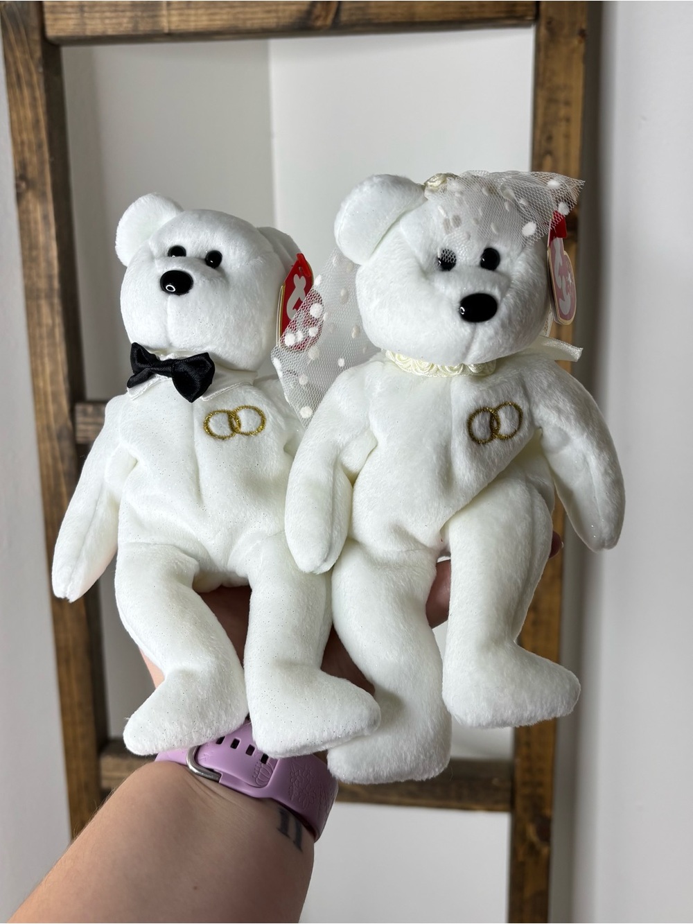TY 2001 White Beanie Babies Wedding Bear Couple with Gold Rings